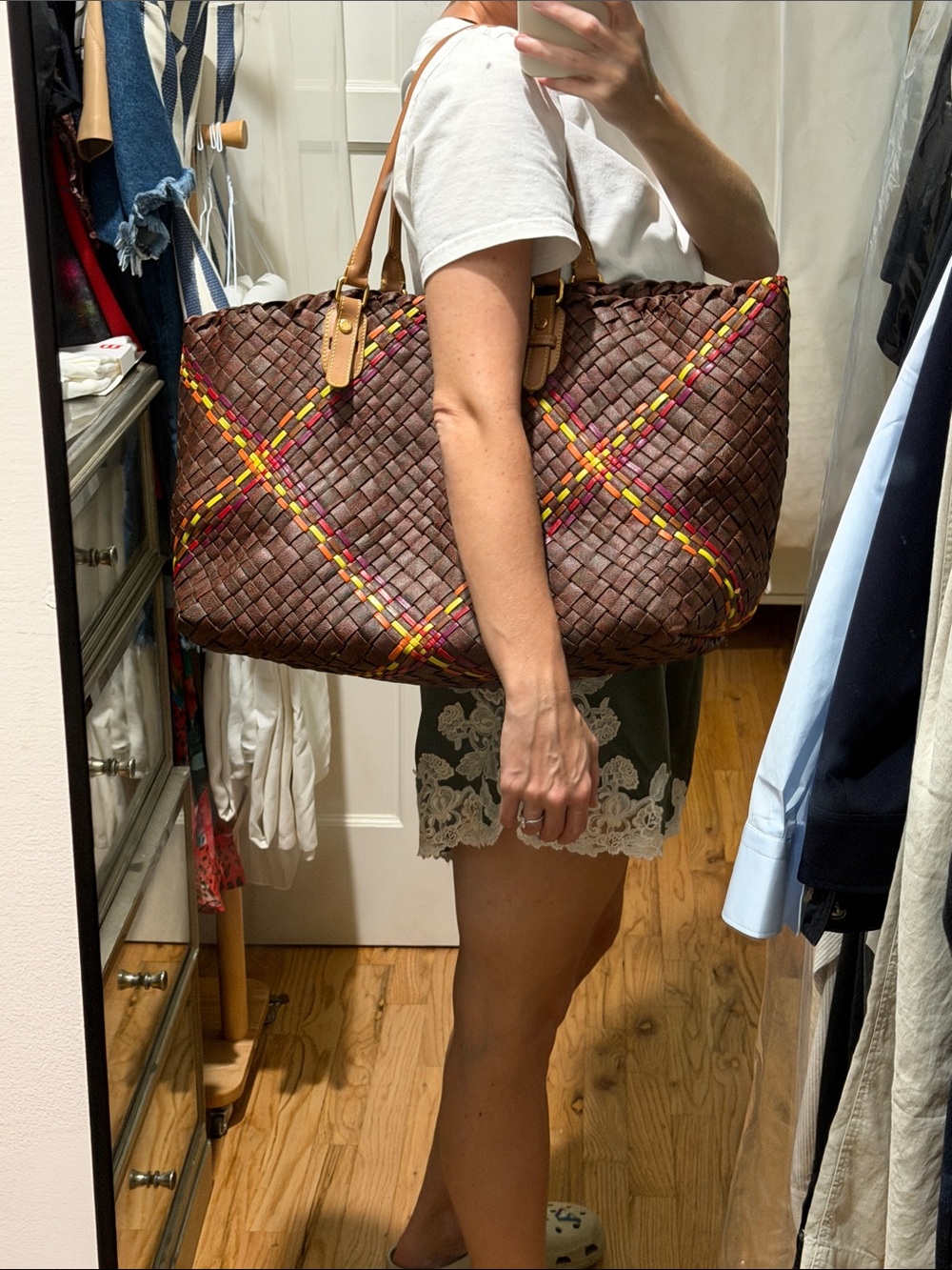 Vintage Etro XL Woven Leather Tote Shopper Bag w/ Paisley Pouch